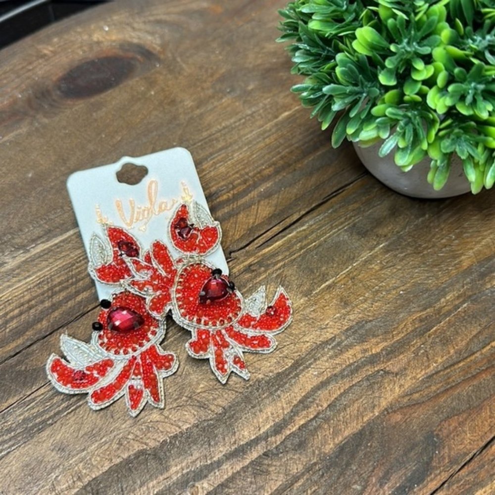 JEWELED Red Crab Beaded Statement Earrings
